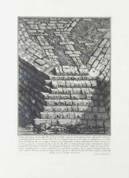 GIOVANNI BATTISTA PIRANESI Mogliano (VE) 1720 - 1778 Roma : Veduta dell'avanzo di una delle Pile del Ponte Trionfale - Roma  - Asta Grafica - Associazione Nazionale - Case d'Asta italiane