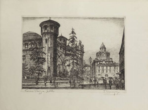 FRANCESCO MENNYEY Torino 1889 - 1950 : Torino-Piazza Castello  - Asta Grafica - Associazione Nazionale - Case d'Asta italiane