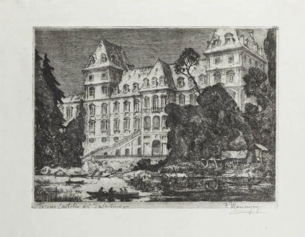 FRANCESCO MENNYEY Torino 1889 - 1950 : Torino-Castello del Valentino  - Asta Grafica - Associazione Nazionale - Case d'Asta italiane
