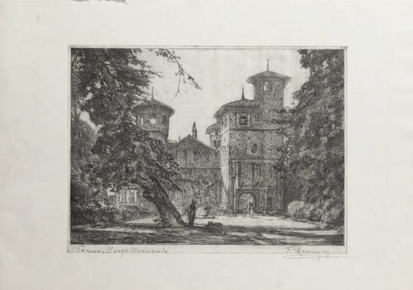 FRANCESCO MENNYEY Torino 1889 - 1950 : Torino-Borgo Medioevale  - Asta Grafica - Associazione Nazionale - Case d'Asta italiane