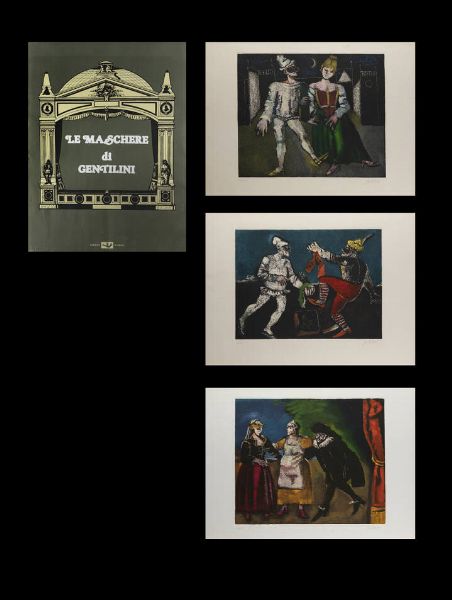 ALDO GENTILINI Genova 1911 1982 Volpeglino (AL) : Le maschere-Cartella di tre incisioni A- Pulcinella e Cinzia  B- Cola e Pulcinella  C - Isabella  Rosetta  Signor Graziano  - Asta Grafica - Associazione Nazionale - Case d'Asta italiane