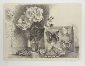 MARIO CALANDRI Torino 1914 - 1993 - Senza titolo (rose  conchiglie e scatola d'insetti)