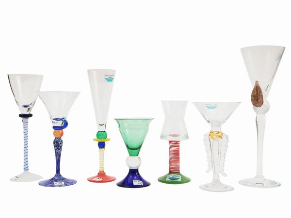 Sette bicchieri in vetro soffiato multicolore Barovier & Toso della serie B.A.G.  - Asta Colori e Forme. Una collezione Barovier&Toso - Associazione Nazionale - Case d'Asta italiane