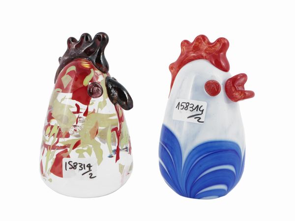 Due figure stilizzate di galline Barovier & Toso della serie B.A.G  - Asta Colori e Forme. Una collezione Barovier&Toso - Associazione Nazionale - Case d'Asta italiane