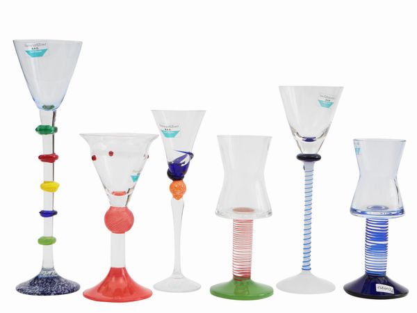 Sei bicchieri in vetro multicolore Barovier & Toso della serie B.A.G.  - Asta Colori e Forme. Una collezione Barovier&Toso - Associazione Nazionale - Case d'Asta italiane