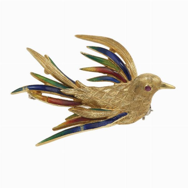 Spilla uccellino con smalti policromi  - Asta Gioielli - Associazione Nazionale - Case d'Asta italiane