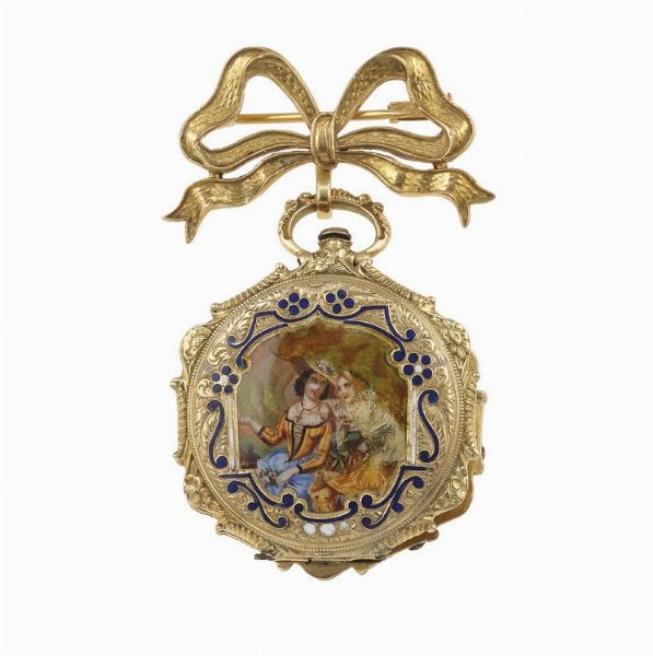 Spilla con orologio pendente con miniatura e smalti  - Asta Gioielli - Associazione Nazionale - Case d'Asta italiane