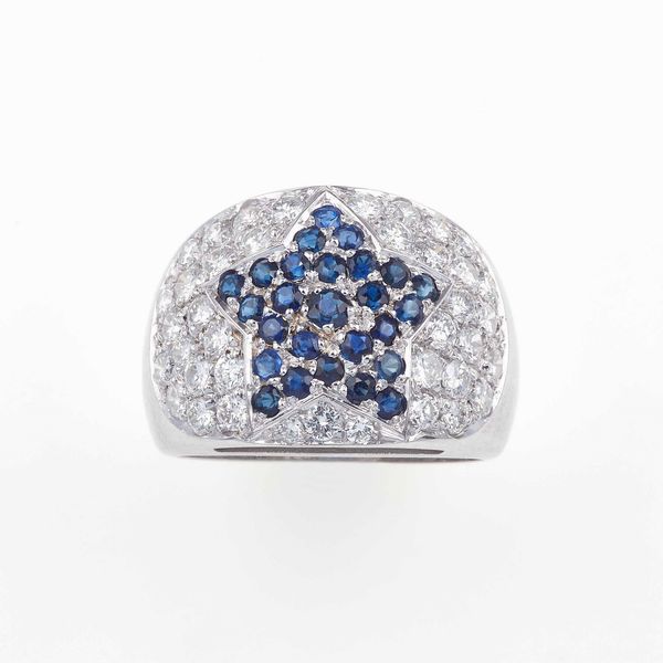 Anello a fascia con pav di diamanti e zaffiri  - Asta Gioielli - Associazione Nazionale - Case d'Asta italiane