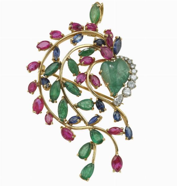 Spilla con smeraldi, rubini, diamanti e zaffiri  - Asta Gioielli - Associazione Nazionale - Case d'Asta italiane