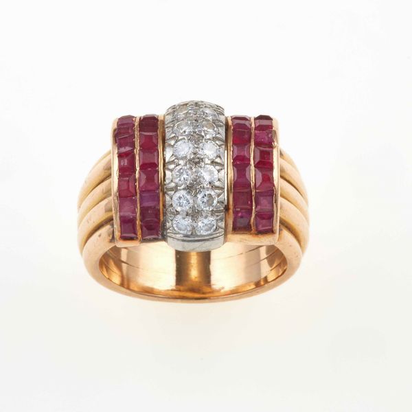 Lotto composto da una spilla firmata Walser Wald con diamanti e rubini sintetici ed un anello con diamanti e rubini sintetici  - Asta Gioielli - Associazione Nazionale - Case d'Asta italiane