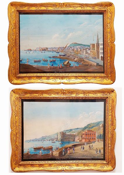 Scuola napoletana inizio XIX secolo : a) Napoli dalla collina di Posillipo b) Napoli dal Carmine  - Asta Napoli, j'adore! - Associazione Nazionale - Case d'Asta italiane