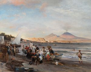 Oswald Achenbach : La spiaggia di Mergellina al tramonto  - Asta Napoli, j'adore! - Associazione Nazionale - Case d'Asta italiane