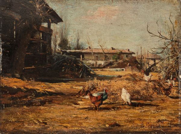Emilio Borsa : Campagna lombarda (Cortile di cascina)  - Asta Importanti Dipinti e Sculture / Arte Figurativa tra XIX e XX Secolo - Parte 2 - Associazione Nazionale - Case d'Asta italiane