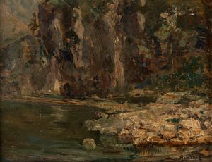 Attribuito a Ermenegildo Agazzi (Mapello 1866-Bergamo 1945) - Paesaggio lacustre