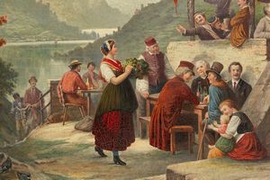 Scuola europea, fine del secolo XIX - inizi del secolo XX : Giorno di festa in Ticino  - Asta Importanti Dipinti e Sculture / Arte Figurativa tra XIX e XX Secolo - Parte 2 - Associazione Nazionale - Case d'Asta italiane