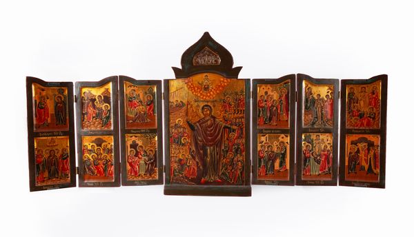Iconografo russo del XIX secolo : Iconostasi portatile raffigurante Madonna con i Santi e le Dodici Feste  - Asta Antiquariato - Icone, Arredi, Sculture, Oggetti d'Arte - Associazione Nazionale - Case d'Asta italiane