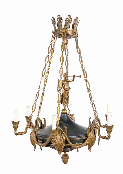 Lampadario di gusto Impero in metallo e bronzo, XIX secolo  - Asta Antiquariato - Icone, Arredi, Sculture, Oggetti d'Arte - Associazione Nazionale - Case d'Asta italiane