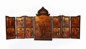 Iconografo russo del XIX secolo - Iconostasi portatile raffigurante Madonna con i Santi e le Dodici Feste