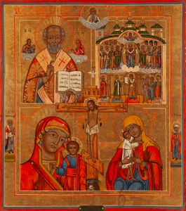 Iconografo russo del XIX secolo - Icona quadripartita con crocefisso al centro
