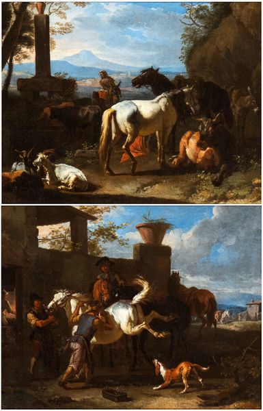 Pieter van Bloemen Lo Stendardo, Attribuito a : a) Paesaggio con pastorella, cavalli e armenti; b) La bottega del maniscalco. Coppia di dipinti  - Asta Dipinti antichi dal XIV al XIX secolo. Con una selezione di sculture - Associazione Nazionale - Case d'Asta italiane