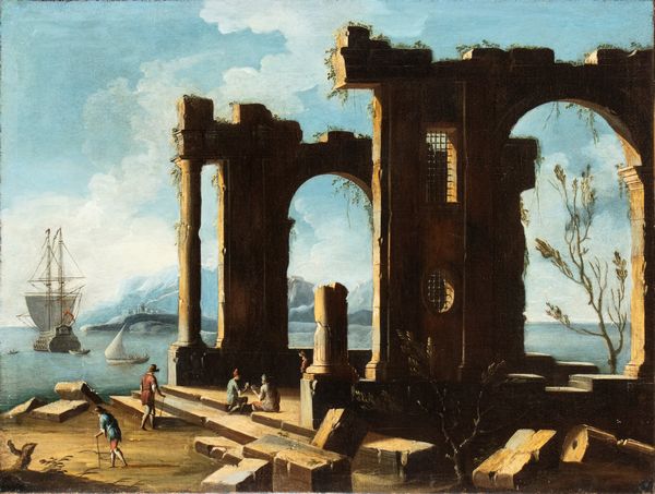 Artista napoletano, prima metà XVIII secolo : Paesaggio costiero con rovine e figure  - Asta Dipinti antichi dal XIV al XIX secolo. Con una selezione di sculture - Associazione Nazionale - Case d'Asta italiane
