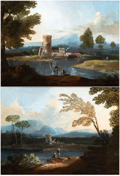 Paolo Anesi : a) Paesaggio con fiume, ponte e due pescatori; b) Paesaggio con fiume, torrione e due pescatori. Coppia di dipinti  - Asta Dipinti antichi dal XIV al XIX secolo. Con una selezione di sculture - Associazione Nazionale - Case d'Asta italiane