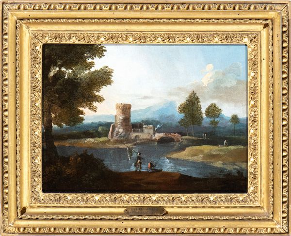 Paolo Anesi : a) Paesaggio con fiume, ponte e due pescatori; b) Paesaggio con fiume, torrione e due pescatori. Coppia di dipinti  - Asta Dipinti antichi dal XIV al XIX secolo. Con una selezione di sculture - Associazione Nazionale - Case d'Asta italiane