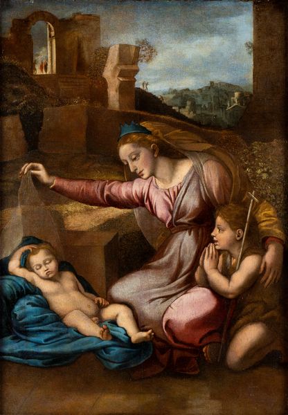 Raffaello Sanzio, Seguace di : Madonna con San Giovannino e il Bambino dormiente (Madonna del Velo o Madonna del Diadema Blu)  - Asta Dipinti antichi dal XIV al XIX secolo. Con una selezione di sculture - Associazione Nazionale - Case d'Asta italiane
