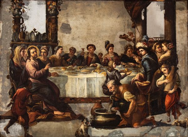 Luca Giordano, Attribuito a : a) Cena in casa del Fariseo; b) le nozze di Canaan. Coppia di dipinti  - Asta Dipinti antichi dal XIV al XIX secolo. Con una selezione di sculture - Associazione Nazionale - Case d'Asta italiane