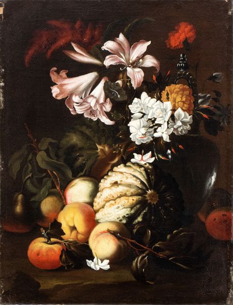 Abraham  Brueghel : Natura morta con zucca, pesche e garofani, giacinti e gigli in una caraffa  - Asta Dipinti antichi dal XIV al XIX secolo. Con una selezione di sculture - Associazione Nazionale - Case d'Asta italiane