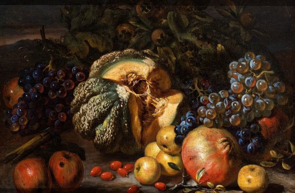 Giovanni Paolo Castelli Lo Spadino, Attribuito a : Natura morta con melone, melagrane, mele e uva  - Asta Dipinti antichi dal XIV al XIX secolo. Con una selezione di sculture - Associazione Nazionale - Case d'Asta italiane