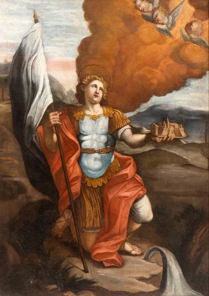 Artista emiliano, XVIII secolo : Santo guerriero con modello di cittadella (San Vittore Martire?)  - Asta Dipinti antichi dal XIV al XIX secolo. Con una selezione di sculture - Associazione Nazionale - Case d'Asta italiane