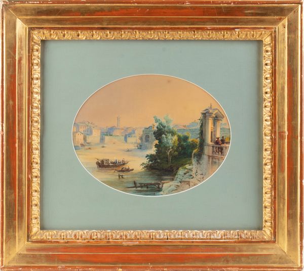 Artista attivo a Roma, XVIII - XIX secolo : Veduta del Tevere con il Ponte Rotto, il tempio di Ercole Vincitore e San Giorgio al Velabro  - Asta Dipinti antichi dal XIV al XIX secolo. Con una selezione di sculture - Associazione Nazionale - Case d'Asta italiane