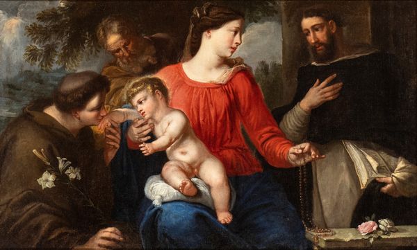 Artista veneto, XVII secolo : Sacra Famiglia con Sant'Antonio abate e San Domenico  - Asta Dipinti antichi dal XIV al XIX secolo. Con una selezione di sculture - Associazione Nazionale - Case d'Asta italiane
