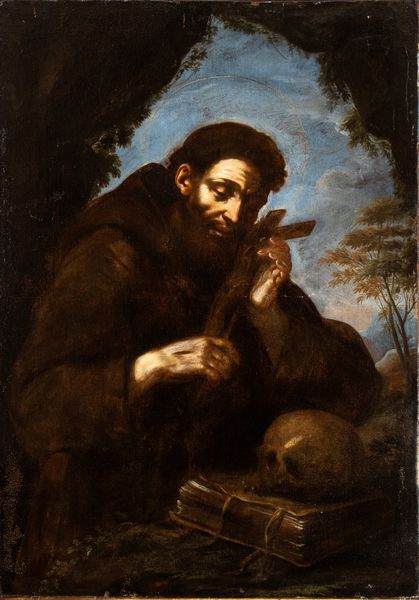 Artista emiliano, XVII secolo : San Francesco in adorazione del crocifisso  - Asta Dipinti antichi dal XIV al XIX secolo. Con una selezione di sculture - Associazione Nazionale - Case d'Asta italiane