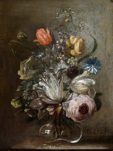 Peter  van Kessel , Attribuito a - Bouquet di fiori in un vaso di cristallo