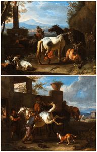 Pieter van Bloemen Lo Stendardo, Attribuito a - a) Paesaggio con pastorella, cavalli e armenti; b) La bottega del maniscalco. Coppia di dipinti