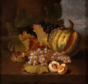 Carlo Lanfranchi , Attribuito a - Natura morta di zucca, uva, pesche e fichi