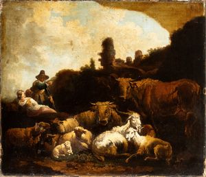 Philipp Peter Roos Rosa da Tivoli, Cerchia di - Paesaggio con pastori e armenti