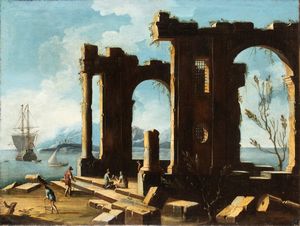 Artista napoletano, prima metà XVIII secolo - Paesaggio costiero con rovine e figure