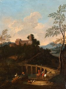 Giovanni Battista Busiri , Attribuito a - Paesaggio con ponte, cavalieri, pastori e armenti