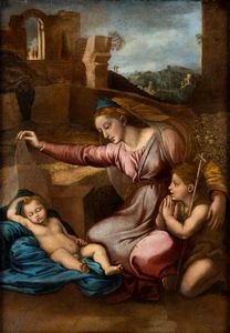 Raffaello Sanzio, Seguace di - Madonna con San Giovannino e il Bambino dormiente (Madonna del Velo o Madonna del Diadema Blu)