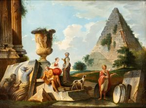 Giovanni Paolo Panini, Seguace di - Capriccio architettonico con figure e piramide Cestia