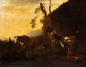 Pieter van Laer Il Bamboccio, Ambito di - Paesaggio con contadini a lavoro