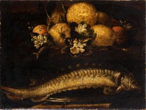 Artista emiliano, seconda metà XVII secolo - Natura morta di pesci e limoni