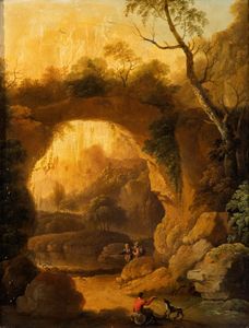 Gaspar  de Witte, Attribuito a - Paesaggio con arco di roccia, specchio d'acqua e figure