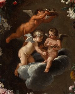 Mario Nuzzi Mario de' Fiori, Attribuito a, : Ghirlanda di fiori con putti  - Asta Dipinti antichi dal XIV al XIX secolo. Con una selezione di sculture - Associazione Nazionale - Case d'Asta italiane