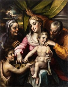 Artista fiammingo attivo in Italia, ultimo quarto del XVI secolo - Sacra Famiglia con Sant'Anna e San Giovannino