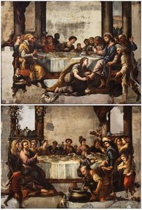 Luca Giordano, Attribuito a - a) Cena in casa del Fariseo; b) le nozze di Canaan. Coppia di dipinti