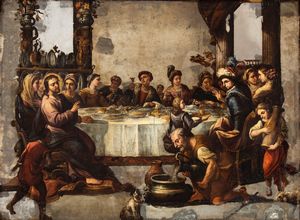Luca Giordano, Attribuito a : a) Cena in casa del Fariseo; b) le nozze di Canaan. Coppia di dipinti  - Asta Dipinti antichi dal XIV al XIX secolo. Con una selezione di sculture - Associazione Nazionale - Case d'Asta italiane